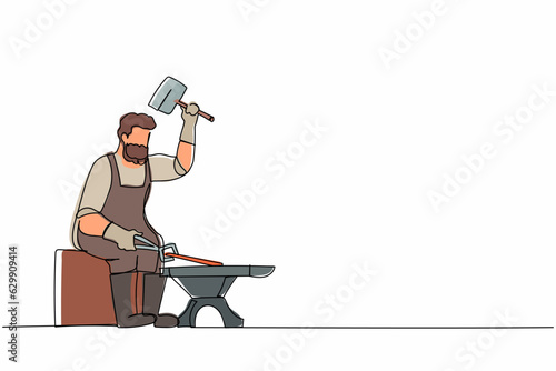 Continuous one line drawing bearded blacksmith sitting wearing apron hitting iron piece forged with sledgehammer. Worker producing steel craft art. Single line draw design vector graphic illustration
