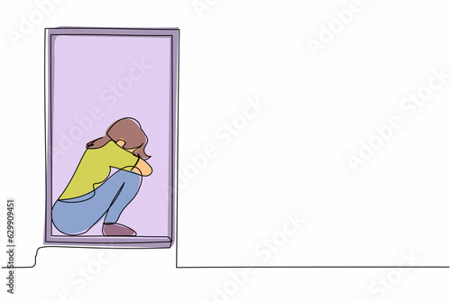 Single continuous line drawing desperate young woman sitting on windowsill. Upset, depression, stress, melancholy, despair, frustration, life problems. One line draw graphic design vector illustration