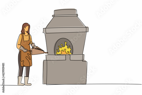 Single continuous line drawing female blacksmith standing wearing apron, pumping forge bellows. Metal worker at work furnace oven fire coal workshop. One line draw graphic design vector illustration