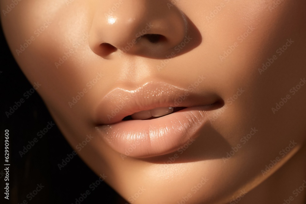 Close up of beautiful lips. Skin and plump lips with natural makeup. Part of face. Make-up concept. - obrazy, fototapety, plakaty 