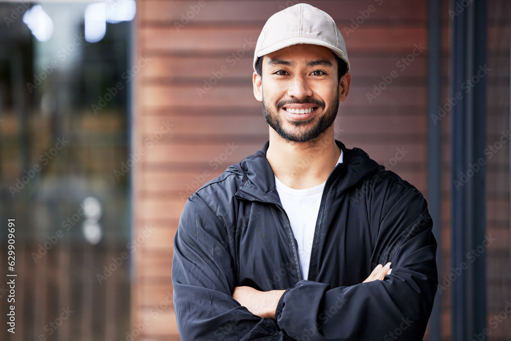 Portrait, arms crossed and asian man courier outdoor for delivery and service with a smile. Face, proud and happy Japanese male carrier ready for ecommerce, order or logistics, mail or distribution Portrait, arms crossed and asian man courier outdoor for delivery and service with a smile. Face, proud and happy Japanese male carrier ready for ecommerce, order or logistics, mail or distribution