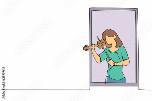 Continuous one line drawing female musician standing near window and playing violin. Young woman staying at home in self quarantine due to pandemic. Single line draw design vector graphic illustration