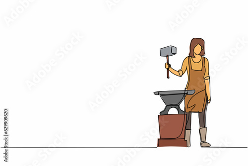 Continuous one line drawing female blacksmith wearing apron standing and holding hammer in front of the anvil. Metal worker making craft art production. Single line design vector graphic illustration