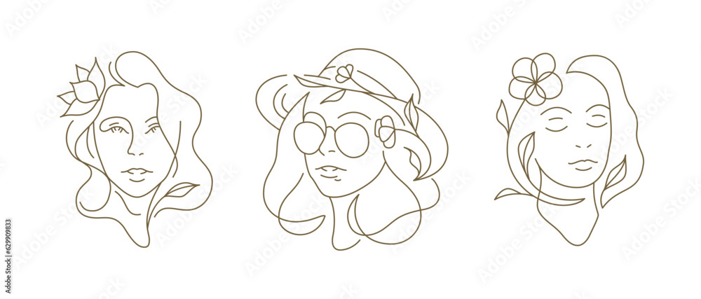 Beautiful romantic fashion woman portrait with flower silhouette continuous line art logo set vector Beautiful romantic fashion woman portrait with flower silhouette continuous line art logo set vector