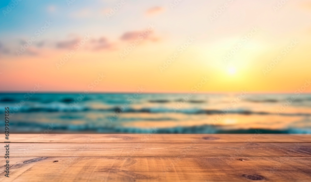 Empty wooden table for product display and product advertising with blurred sunset ocean background