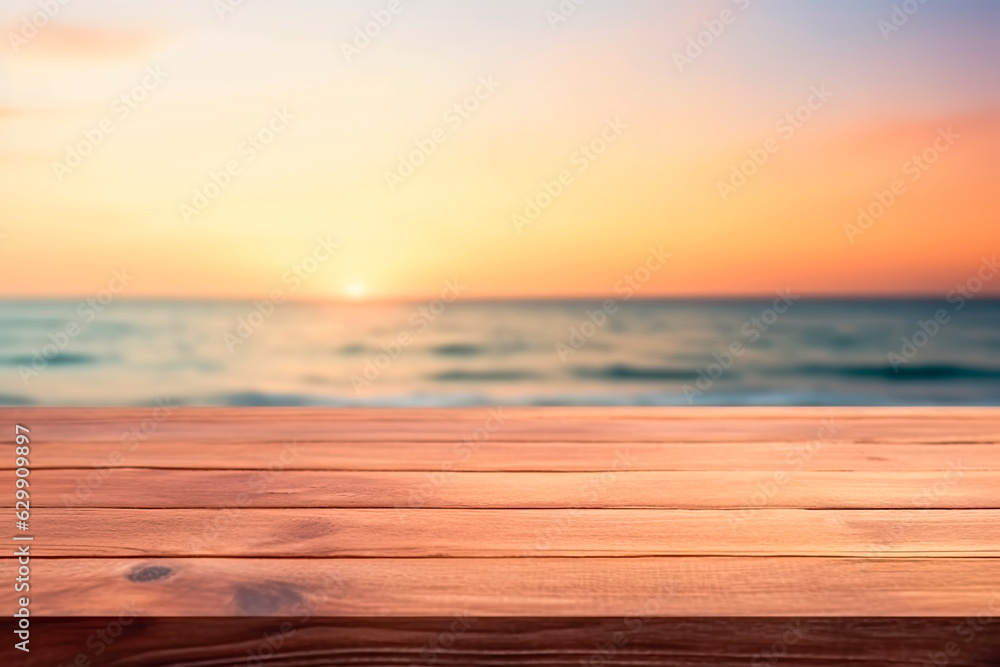 Empty wooden table for product display and product advertising with blurred sunset ocean background
