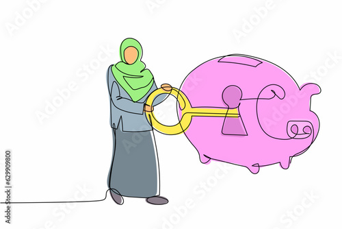 Single one line drawing Arab businesswoman put key into piggy bank. Personal financial protection. Security and safety in saving banking system. Continuous line draw design graphic vector illustration
