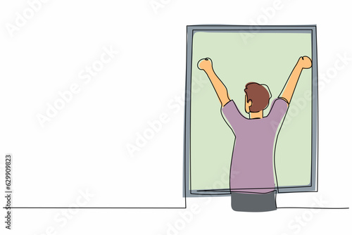Single continuous line drawing back view relaxed man stretching arms in window after good night sleep. Good morning concept. Young male standing at window. One line graphic design vector illustration