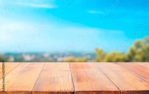 Empty wooden table for product display and product advertising with blue sky in the background