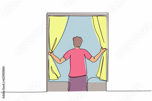 Single one line drawing happy man opening window curtains. Wake up and open curtains in morning to get fresh air. Young male standing at window. Continuous line draw design graphic vector illustration