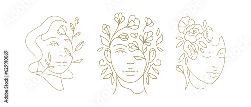 Beauty woman abstract portrait with gentle flowers continuous line art logo set vector