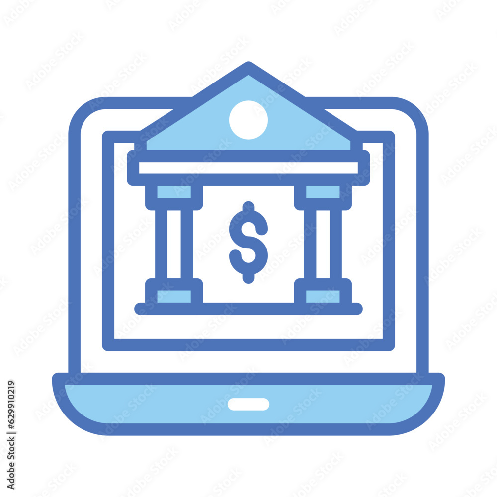 Bank building with laptop depicting bank website or online banking concept icon Bank building with laptop depicting bank website or online banking concept icon