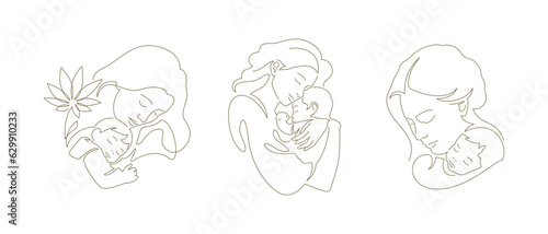 Mother's Day mother embracing little son kid with tenderness continuous line art logo set vector