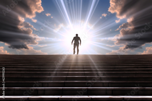 Conceptual image of a long road to success: a man finishing climbing long stairs to finally reach the top and light. Generative AI