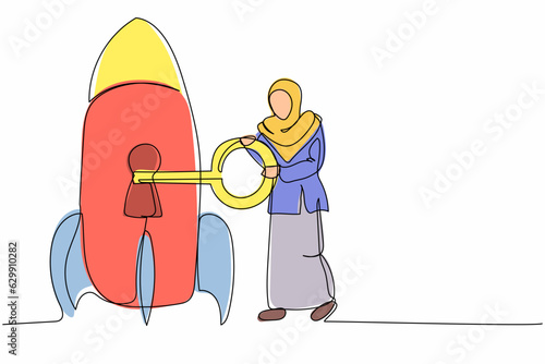 Single one line drawing Arab businesswoman put key into rocket. Unlock business plan project. Launching new startup business, innovation, improvement. Continuous line draw design vector illustration