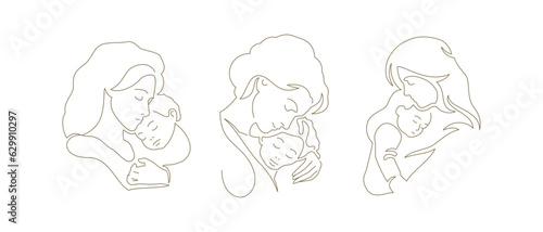 Mother hugging little kid son daughter with love best feelings continuous line art logo set vector