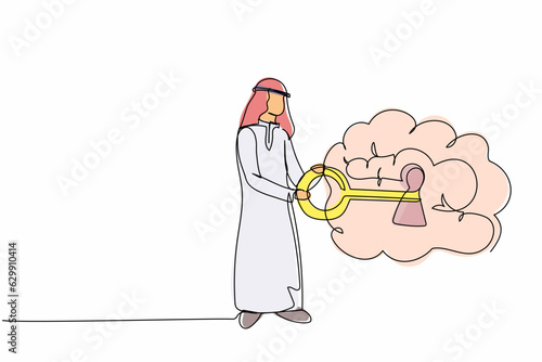 Single one line drawing Arabian businessman putting key into brain. Unlock personality for better healthy. Open mind. Mental health care, psychology. Continuous line design graphic vector illustration