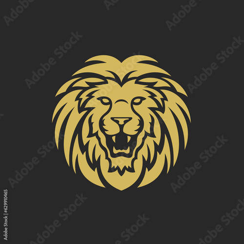 Golden roaring lion with mane premium minimal logo for zoo hunting vector flat illustration