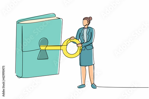 Single continuous line drawing intelligent businesswoman put key into book. Office manager open book, information. Library. The key to new knowledge. One line draw graphic design vector illustration