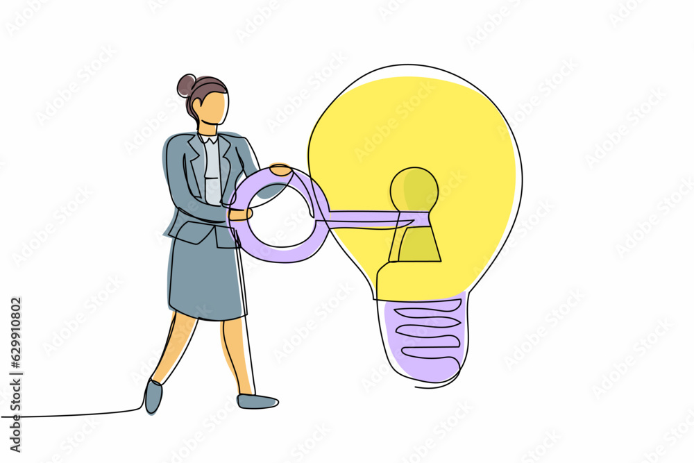 Continuous one line drawing businesswoman put key into light bulb. Brainstorming looking for business idea, invent new product or creative thoughts. Single line draw design vector graphic illustration Continuous one line drawing businesswoman put key into light bulb. Brainstorming looking for business idea, invent new product or creative thoughts. Single line draw design vector graphic illustration