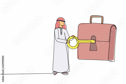 Continuous one line drawing Arabian businessman putting key into briefcase. Safety bag for secret document. Invest portfolio, stock market trading strategy. Single line draw design vector illustration