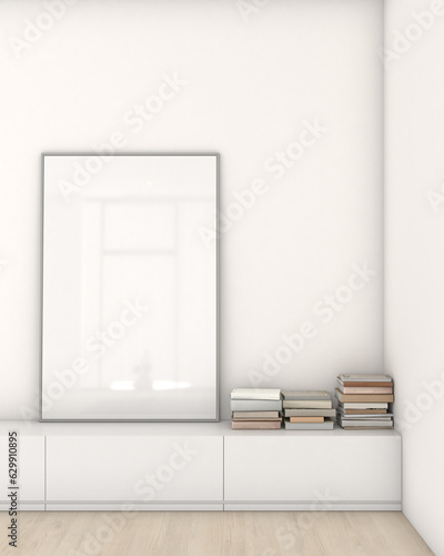 Mockup a poster picture frame in Interior living room design  modern minimalist style. Furniture cabinets  books  white walls. 3D render