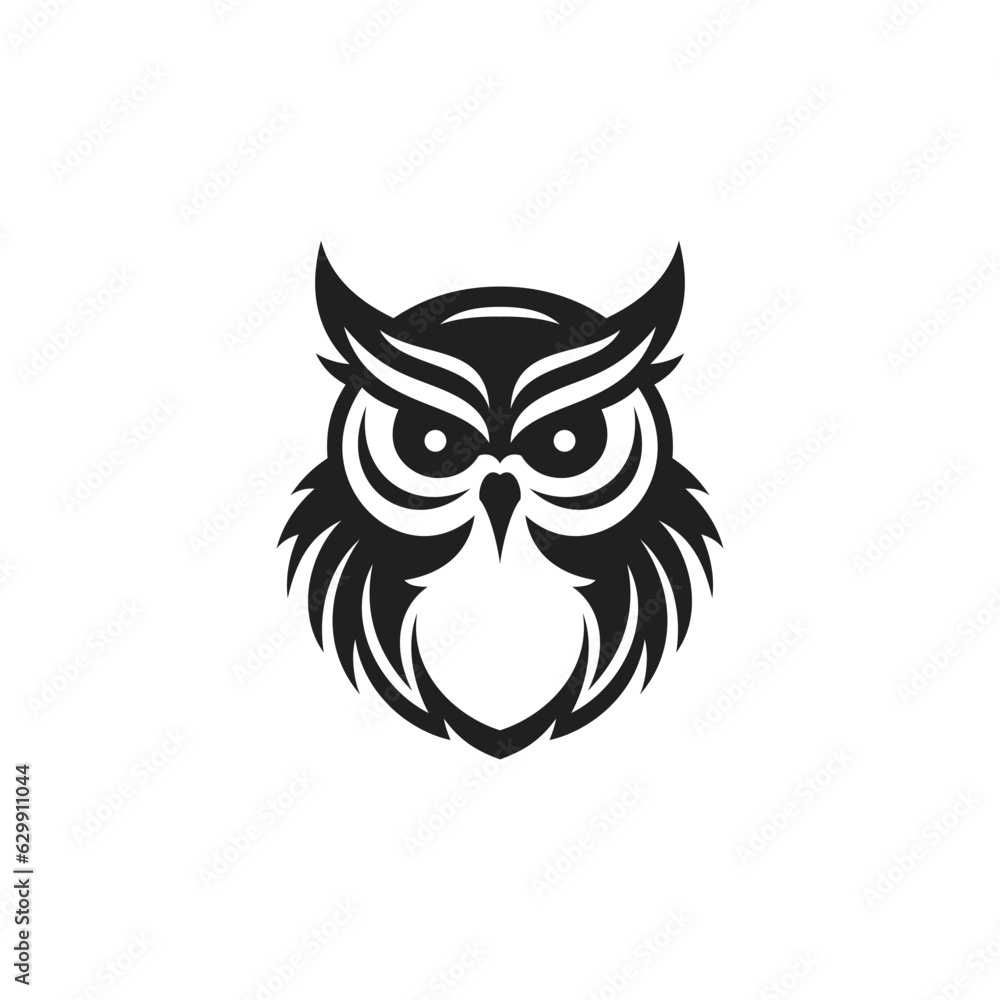 Fototapeta premium Owl natural predator feather bird head black monochrome logo vector illustration