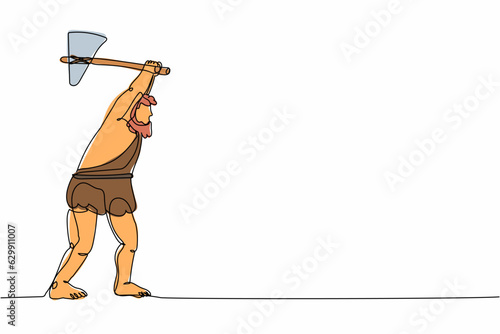 Single one line drawing prehistoric man holding and raised stone axes. Caveman hunting ancient animal. Man of prehistoric period with weapon. Continuous line draw design graphic vector illustration