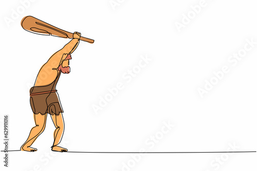 Single continuous line drawing caveman holding and raised cudgel overhead. Caveman and cudgel. Prehistoric man and club. Ancient stone age weapon. One line draw graphic design vector illustration