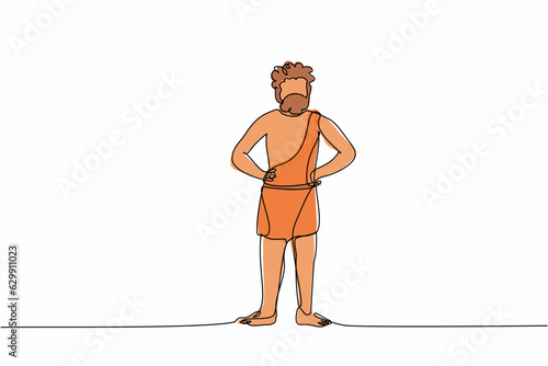 Single continuous line drawing prehistoric man standing with hands on waist pose. Prehistoric bearded man, primitive stone age caveman in animal pelt. One line draw graphic design vector illustration