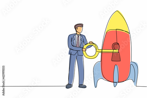 Single continuous line drawing businessman putting big key into rocket. Unlock your startup, new business development, web concept. Restart business project. One line draw design vector illustration