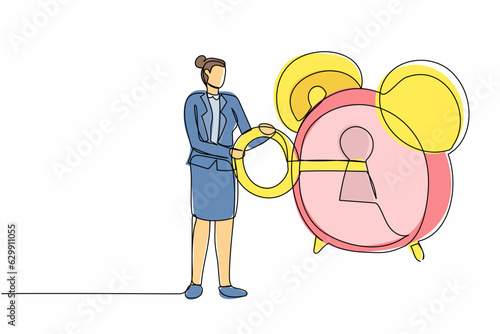 Single continuous line drawing businesswoman put key into alarm clock. Female manager unlock deadline business project. Worker winds clock with key. One line draw graphic design vector illustration
