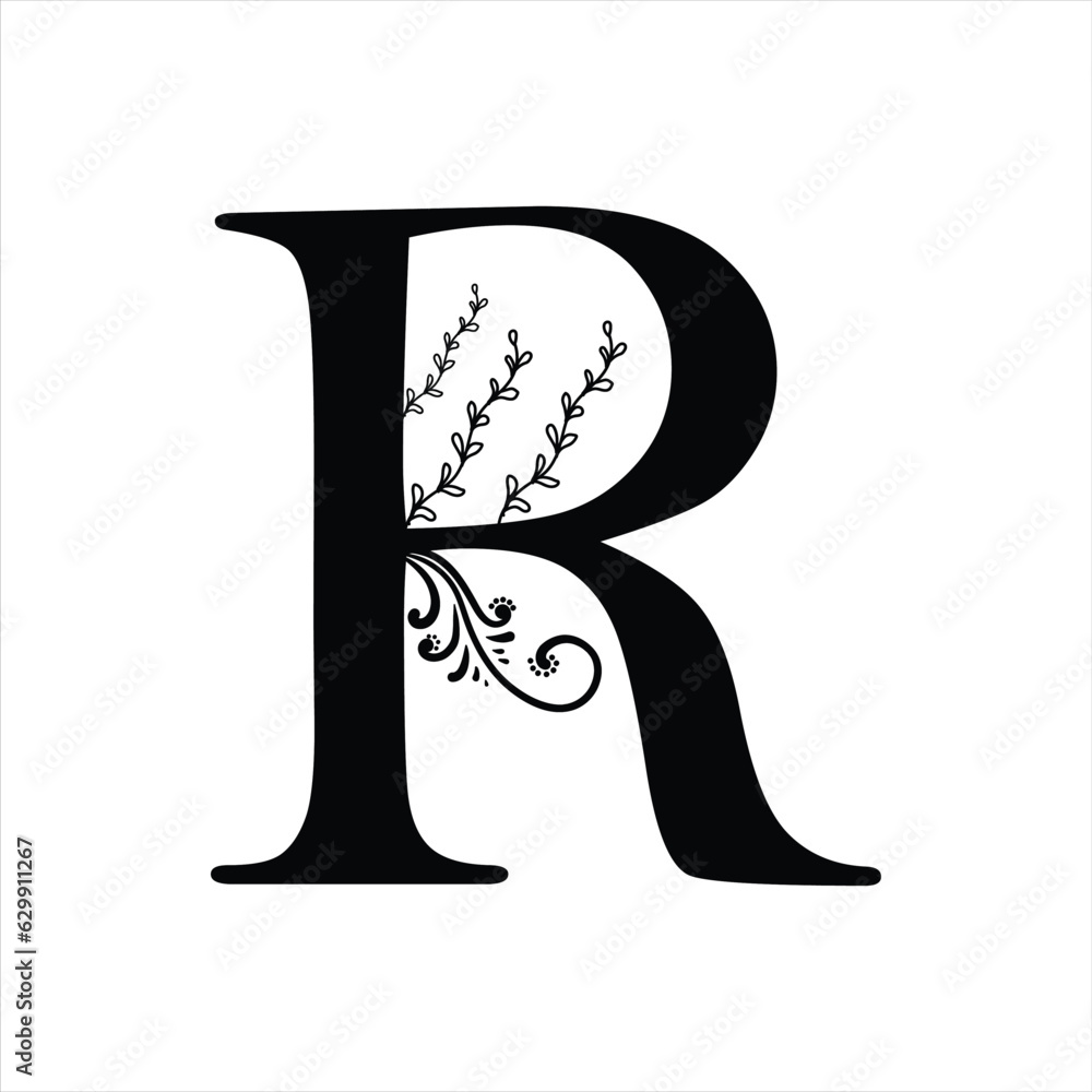 Floral botanical alphabet. R Letter with plants and flowers Floral botanical alphabet. R Letter with plants and flowers