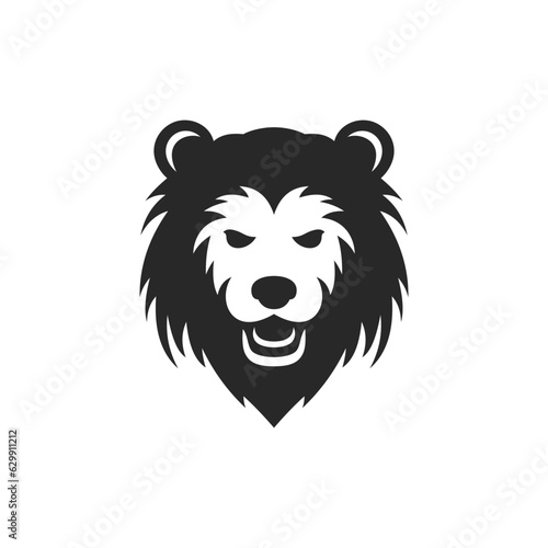 Angry lion carnivorous predator muzzle with furry mane black monochrome logo vector