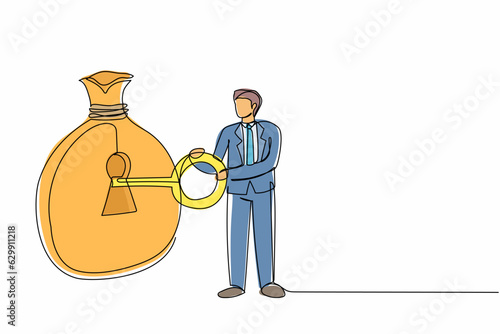 Single one line drawing businessman putting big key into money bag. Financial key success, safe haven for investment or wealth manager to manage money. Continuous line draw design vector illustration