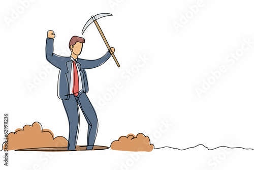Continuous one line drawing happy businessman in hole prancing while lifting pickaxe with hands. Male manager mining for diamond or precious stone. Single line draw design vector graphic illustration