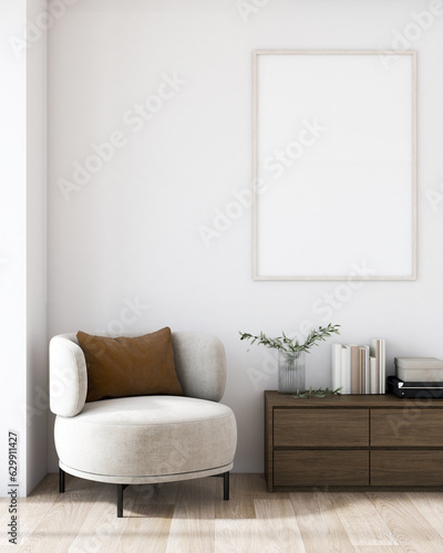 mockup poster frame in a modern minimalist style interior. White walls, armchair, cabinet, wooden floors. 3D render