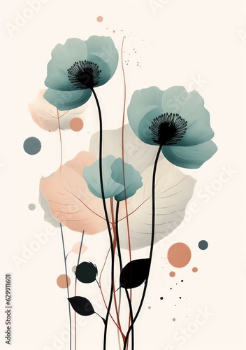 Poster with abstract flowers and circles on white background for home decor by Generative AI