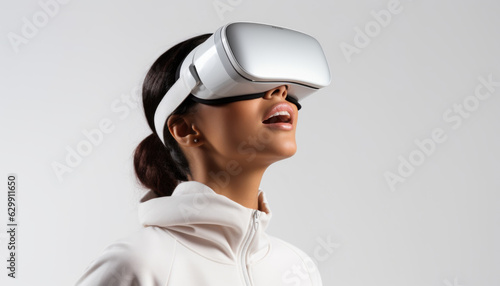Young woman wearing Virtual Reality, VR headset © LAONG