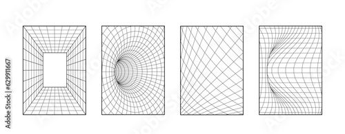Wireframe grid Geometry backgrounds.abstract 3d cyberpunk elements vector set in trendy psychedelic rave style. Y2k retro futuristic aesthetic