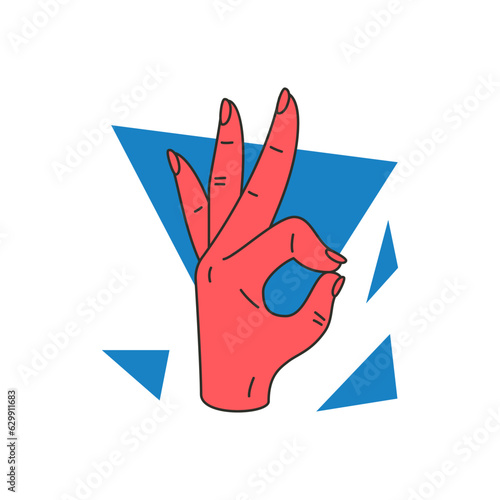 Woman hand gesture ok okay connected forefinger thumb right good excellent concept icon vector flat