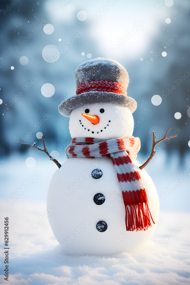 Close-up of Cheerful Snowman in Winter Setting with Copy Space