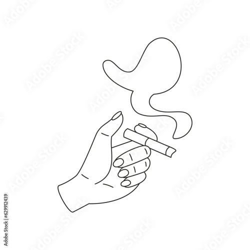 Woman hand holding cigarette with smoke concept of smoking bad habit minimalist line art icon vector