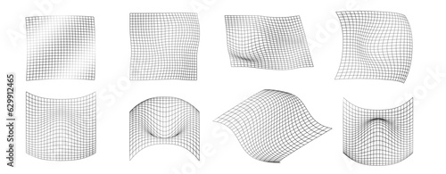 Distorted grid shapes isolated. Retrofuturistic warped mesh grid. Curved mesh abstract elements. Retro punk design element. Vector curve surface background.