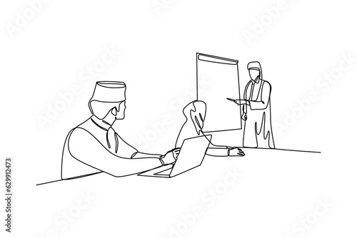 One continuous line drawing of young staf in general office meeting. Business training concept. Trendy single line draw