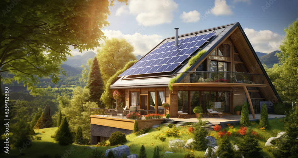 a traditional house equipped with solar panels on its roof