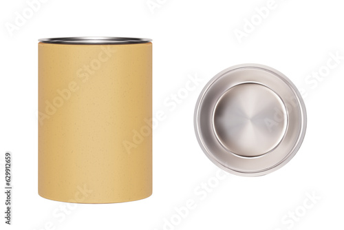 Realistic craft beige cylindrical cardboard box with silver lid isolated from background. Top view of the metal cover. Gift paper tube template for tea, coffee, perfume. Mockup for branding