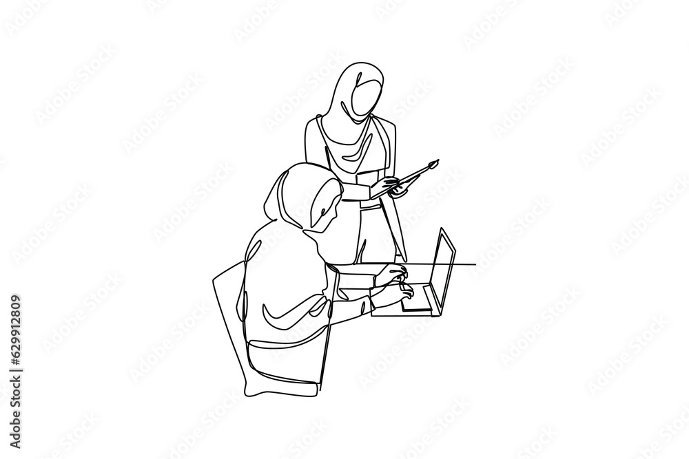 One continuous line drawing of moeslim woman was meeting. Business training concept. Trendy single line draw