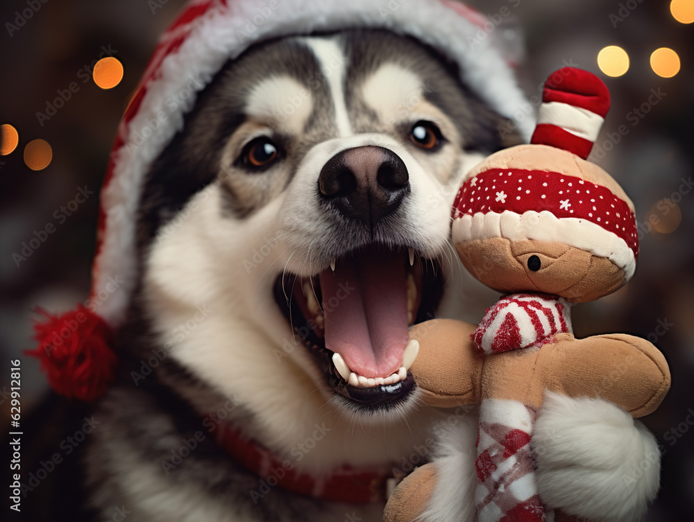 a dog playfully holds onto a Christmas-themed chew toy with enthusiasm.