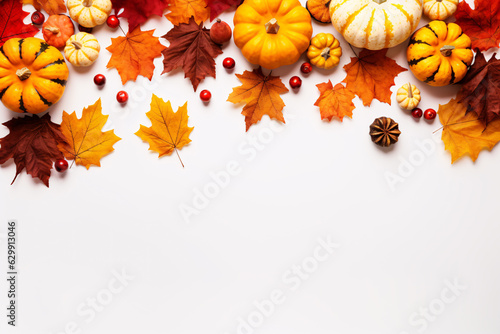 Thanksgiving background. Top view white wood table decor from pumpkin  red berry  dry leaves with copy space. Autumn and fall season background. Thanksgiving day or Halloween concept.
